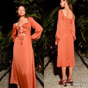 Farm Rio x Anthropologie Caramel Cutout Front Tie Satin Midi Dress